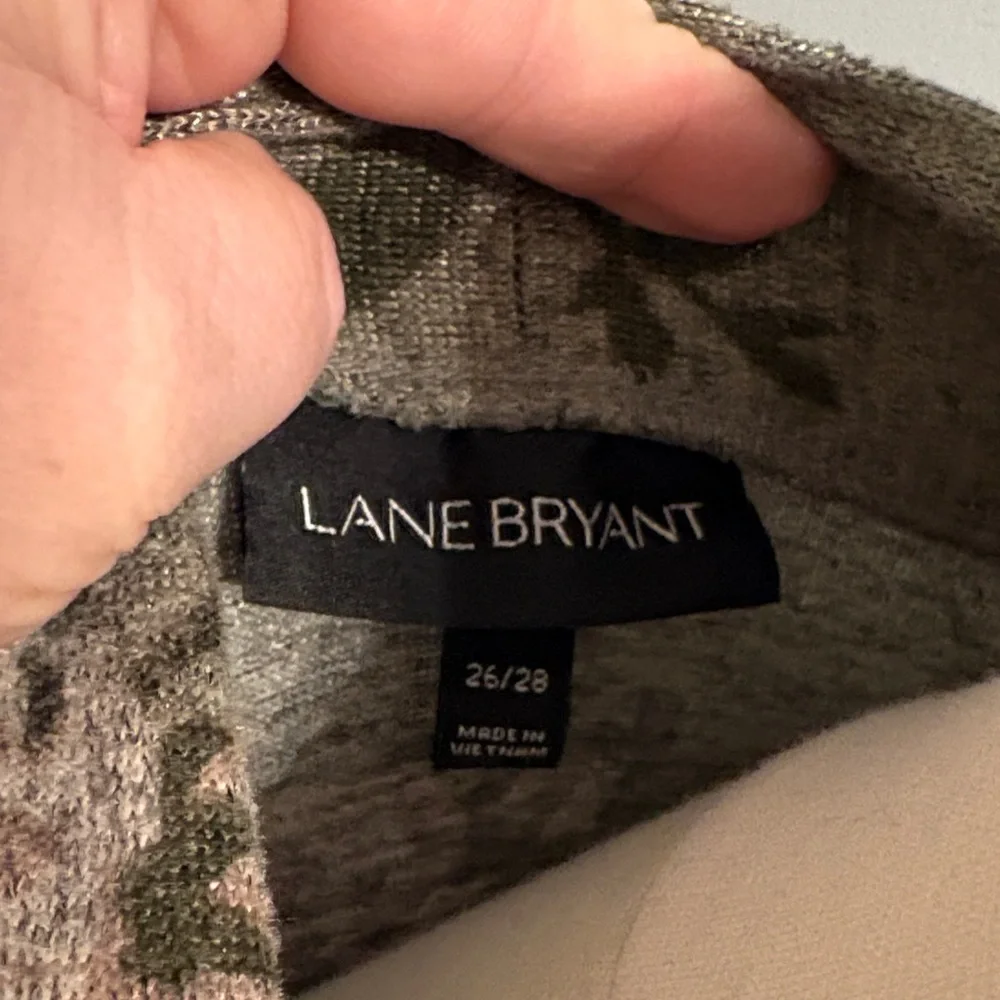 Lane Bryant Olive Green Floral Open-Front Cardigan with Pink Accents - Picture 2 of 4